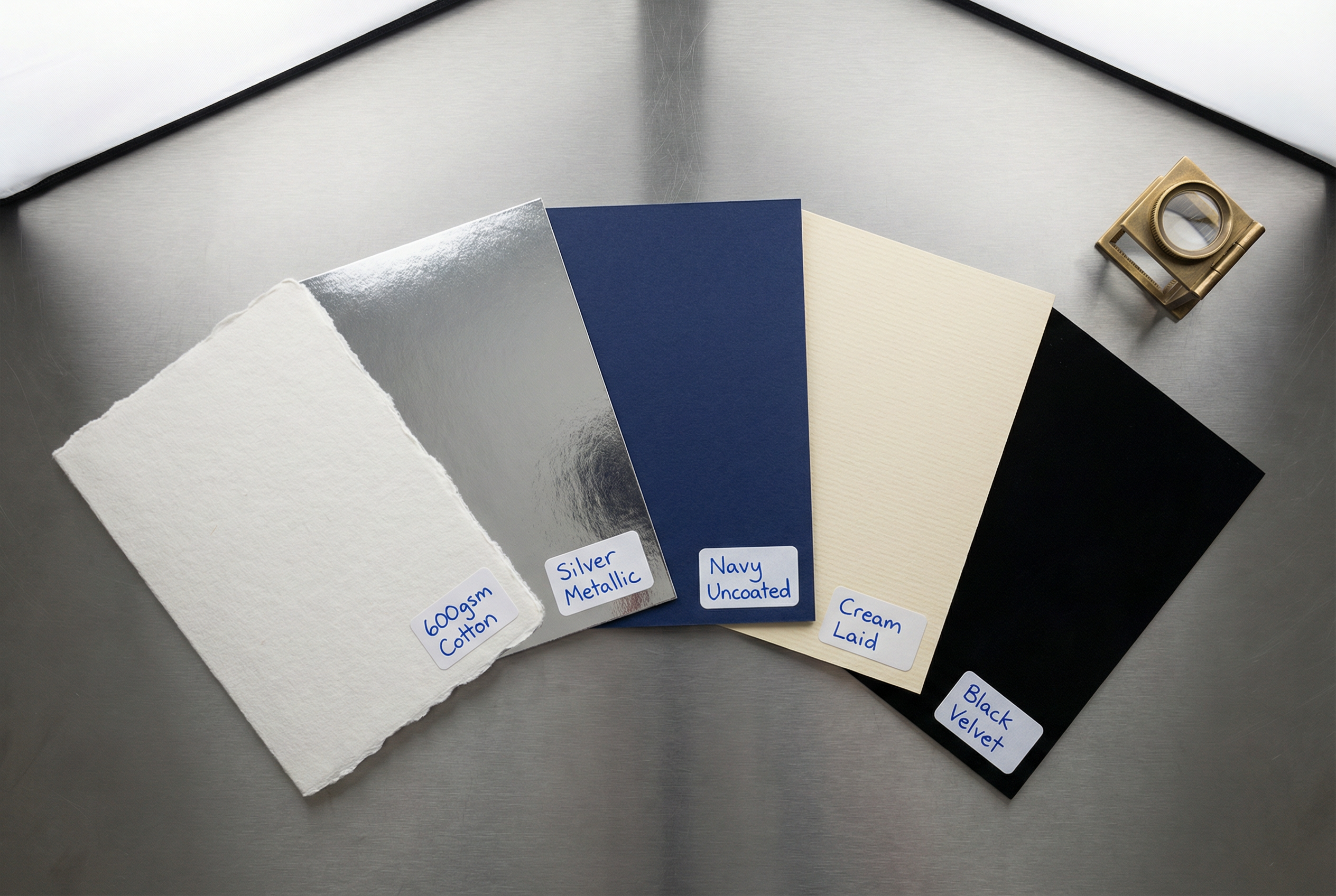 Beş farklı premium kağıt örneği çelik zemin üzerinde